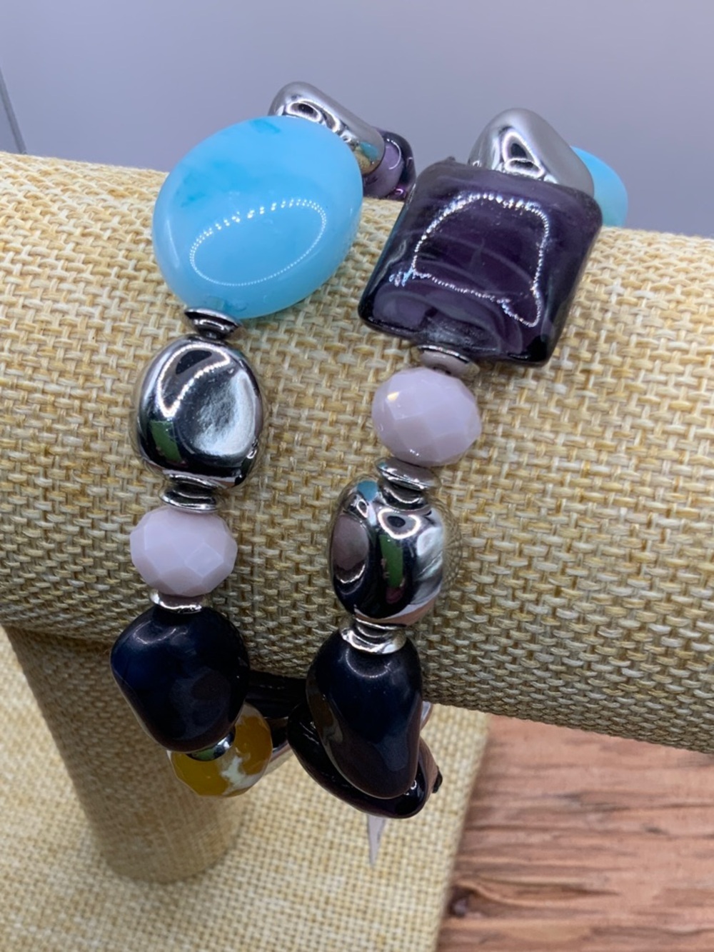 Chico's Turquoise, Purple & Black Beaded Stretch Bracelet Set